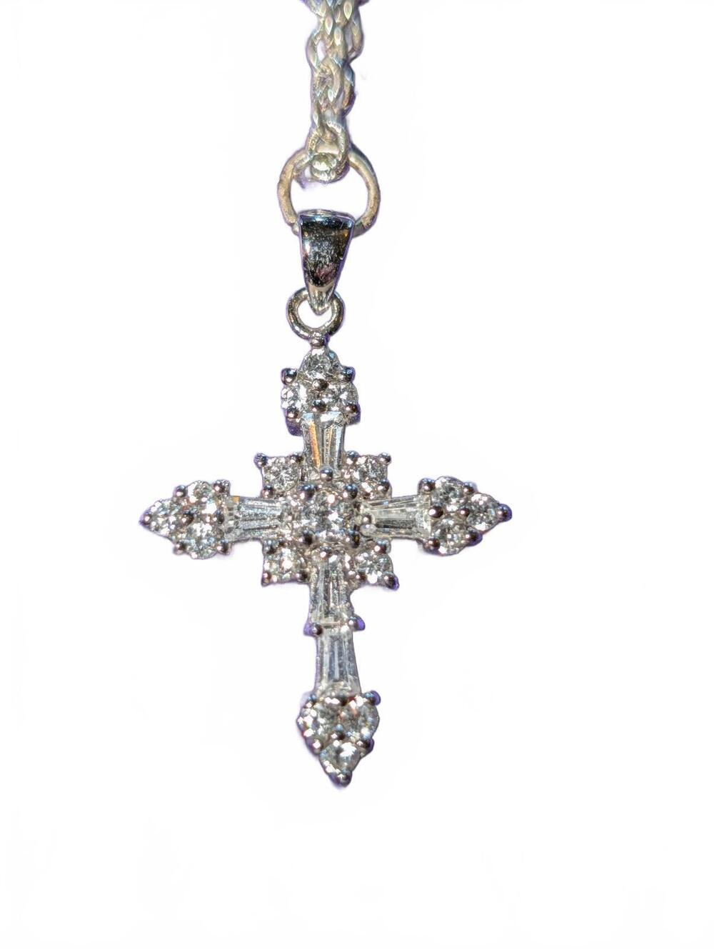 Vintage Silver Cross Pendant Necklace with Clear Stones